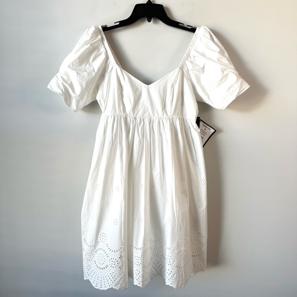 Adrianna Papell Eyelet Hem Puff Sleeve Fit And Flare Babydoll Dress Ivory 6 - Picture 3 of 10